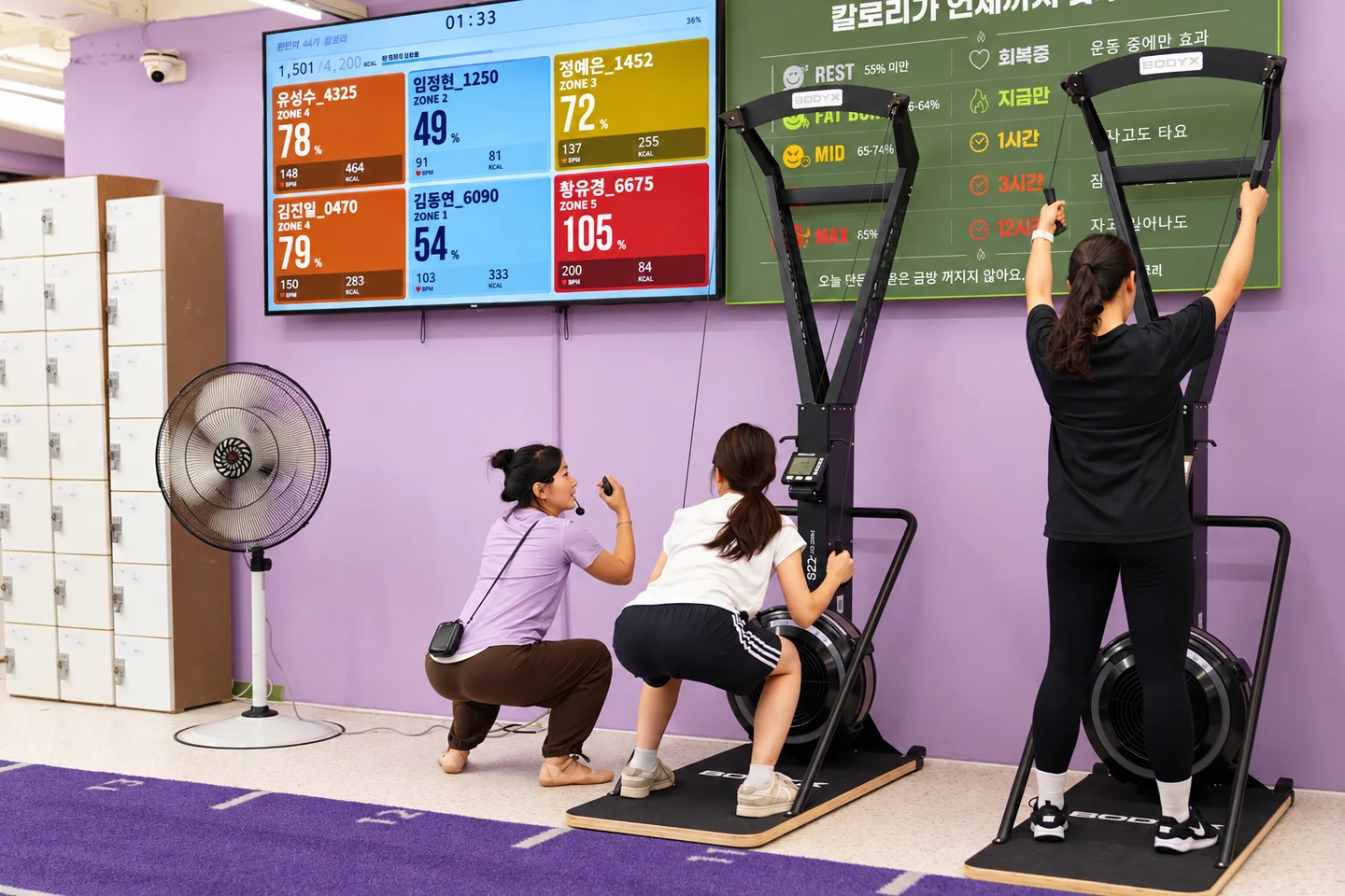 코치와 회원이 SkiErg 운동을 하며 실시간 심박수와 칼로리 화면을 함께 확인하는 원펀치 실제 수업